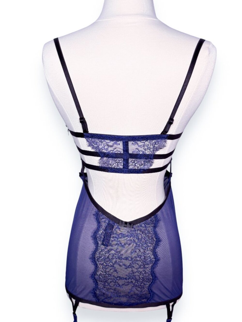 Victoria's Secret Blue Mesh Lace Black Strappy Cutout Lingerie Size 36B - Picture 6 of 6